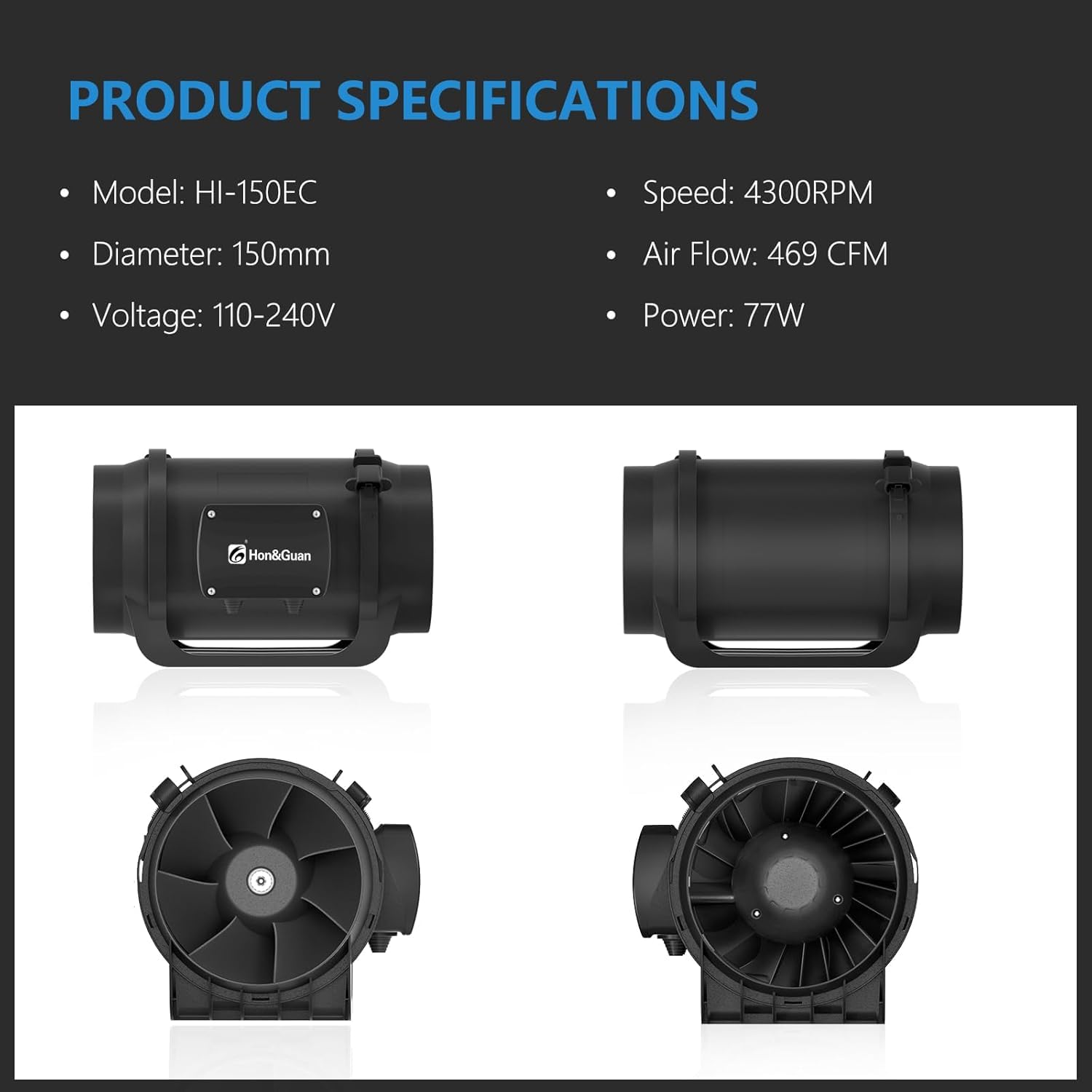 Hon&Guan Inline Duct Fan 469 CFM, 6 inch inline fan Duct Fan with